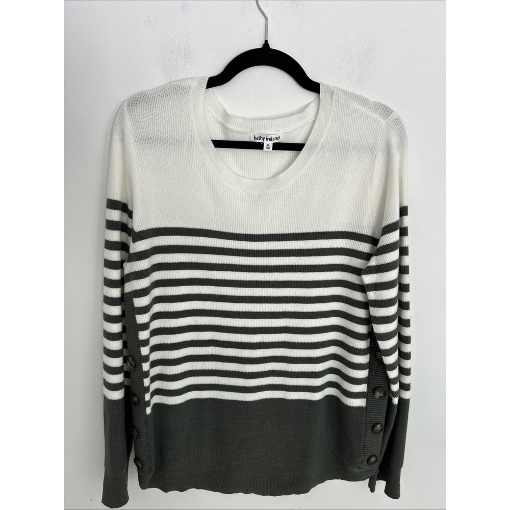 Kathy Ireland Women XL Long Sleeve Side Buttons Stripe Olive Green White Sweater